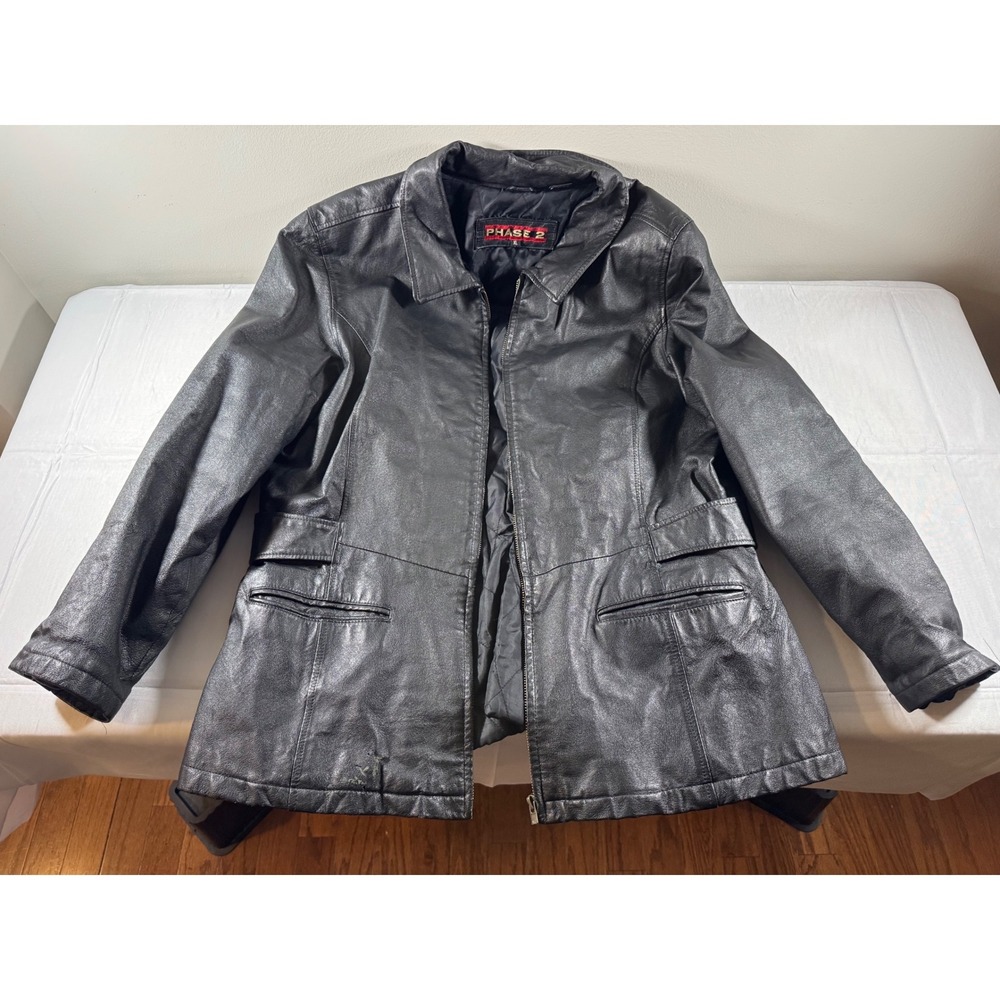 Phase 2 Mens Black Genuine Leather Full Zip Quilted Lined Jacket Coat Large